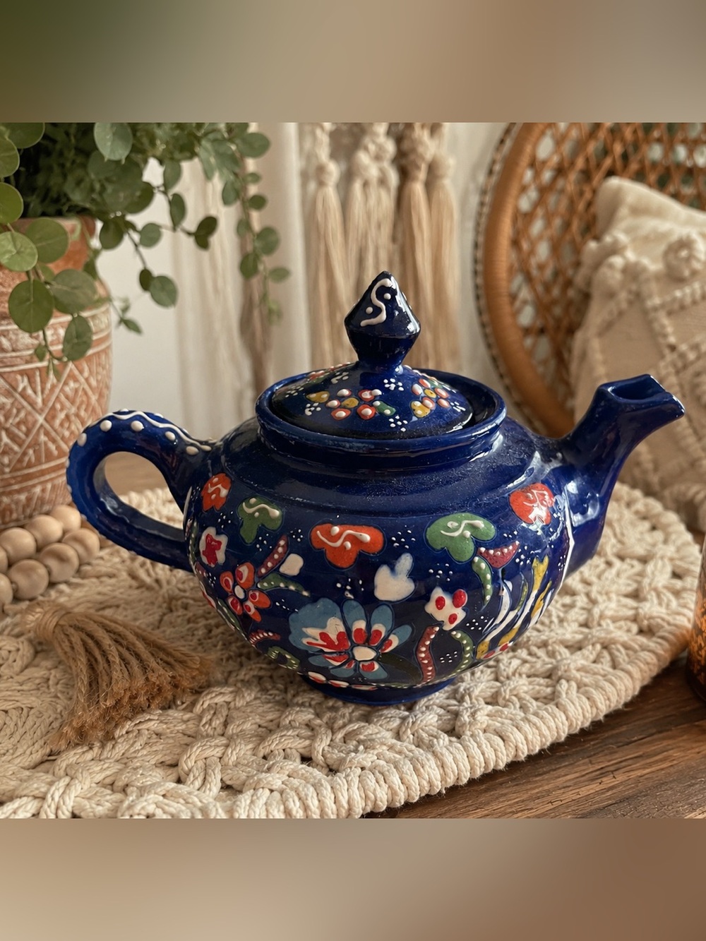 Hand-Painted Turkish Ceramic Teapot Colbat Blue Floral Pottery Mediterranean